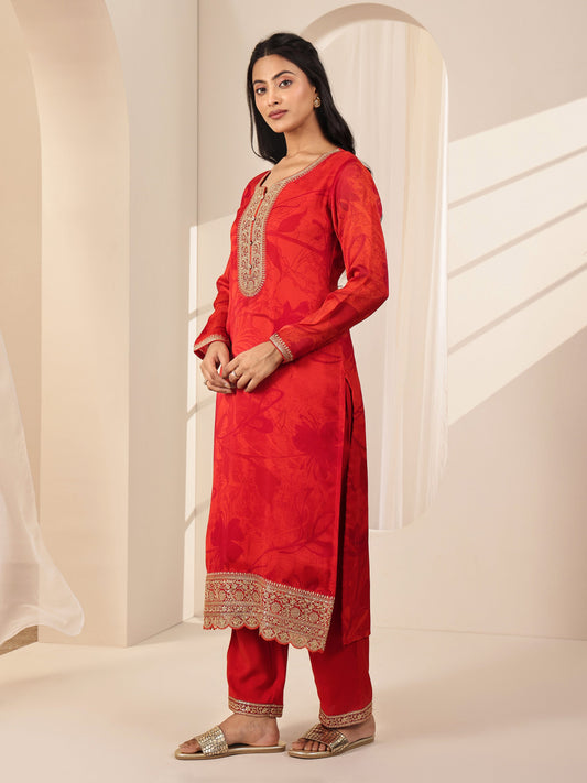 Orange Printed Silk Blend Straight Suit Sets With Dupatta