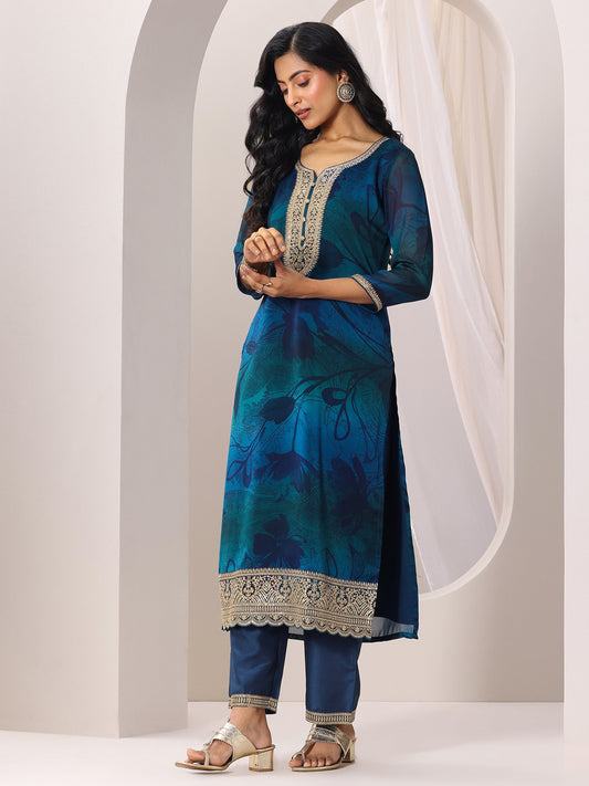 Teal Printed Silk Chiffon Straight Suit Set With Dupatta
