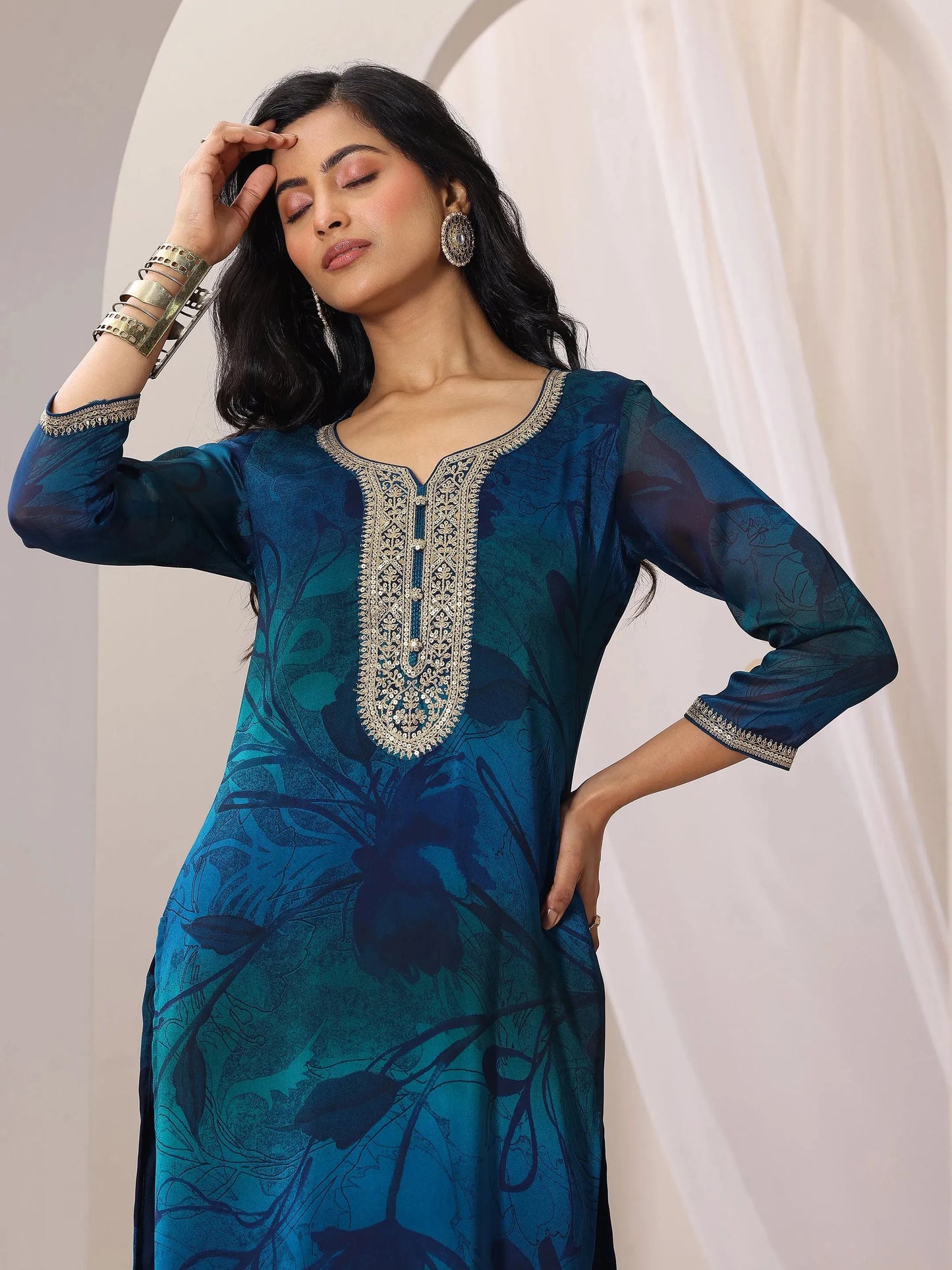 Teal Printed Silk Chiffon Straight Suit Set With Dupatta