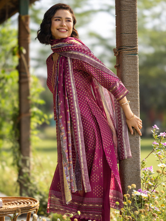 Maroon Printed Cotton Straight Suit Set With Dupatta