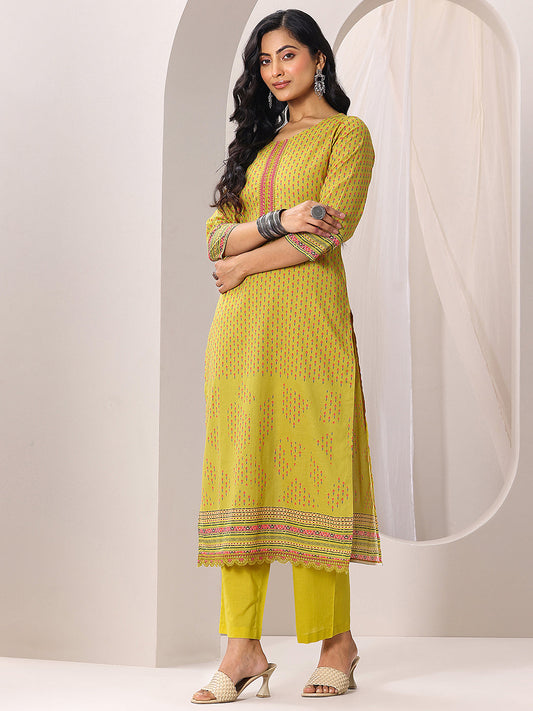 Green Printed Cotton Straight Suit Set With Dupatta
