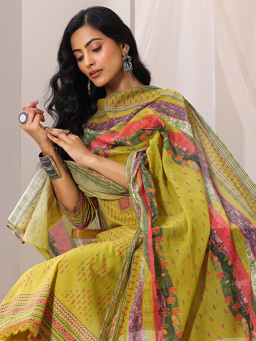 Green Printed Cotton Straight Suit Set With Dupatta