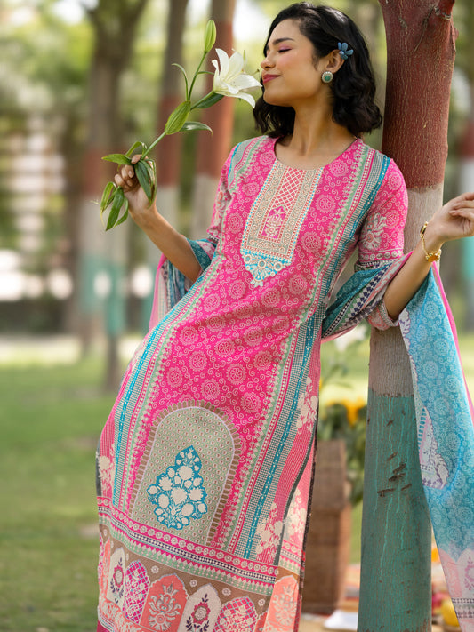 Pink Printed Cotton Straight Suit Set With Dupatta