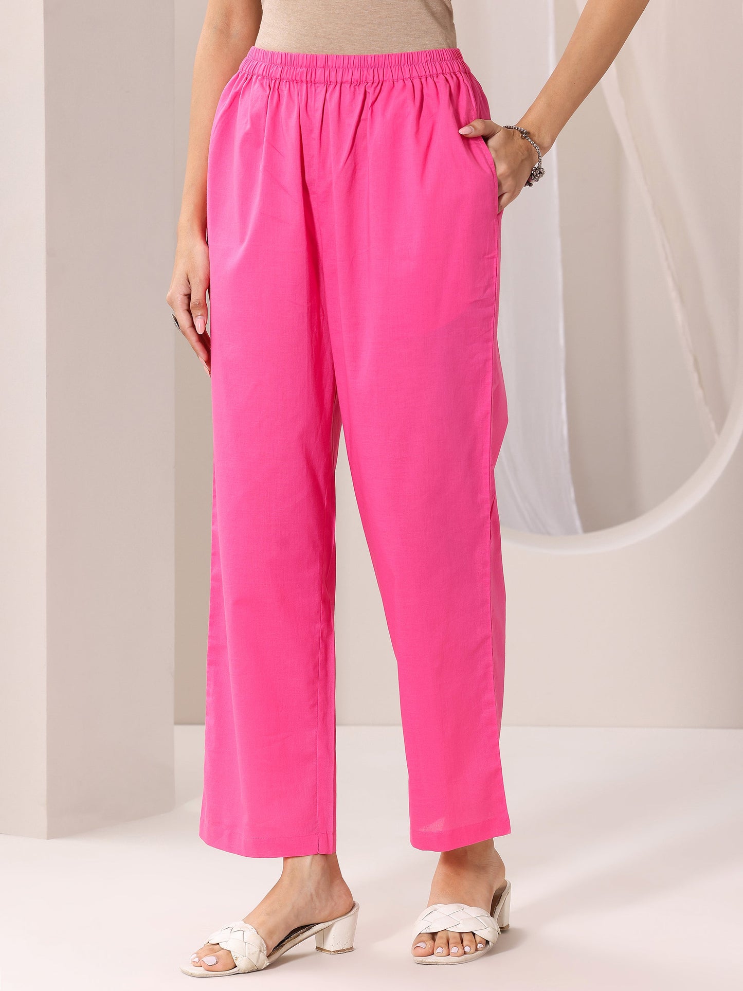 Pink Printed Cotton Straight Suit Set With Dupatta