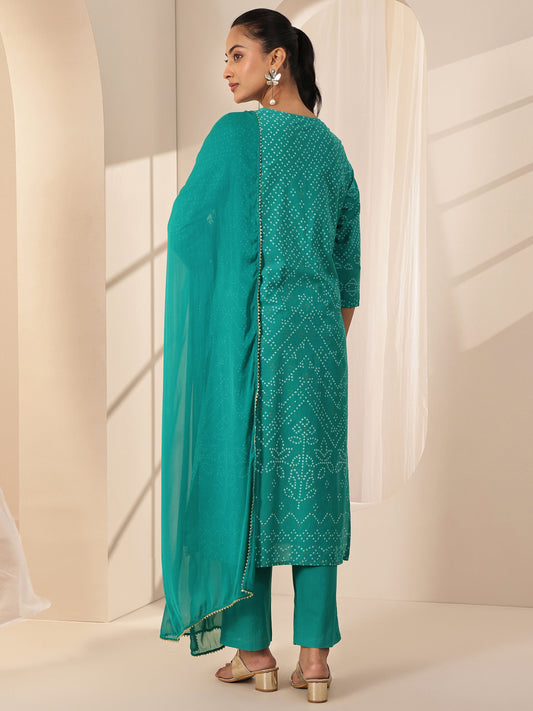 Turquoise Blue Printed Cotton Straight Suit Sets With Dupatta