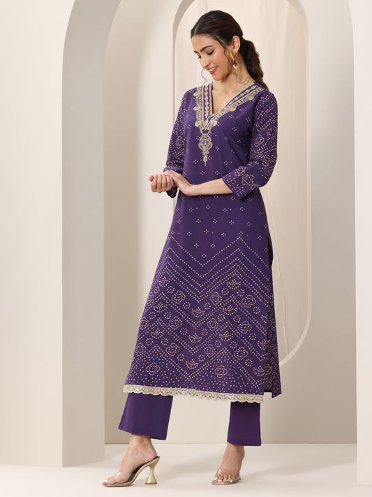 Purple Printed Cotton Straight Suit Set With Dupatta