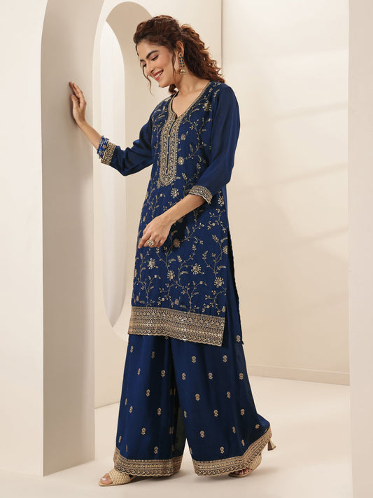 Libas Art Navy Embroidered Silk Blend Straight Suit Sets With Dupatta