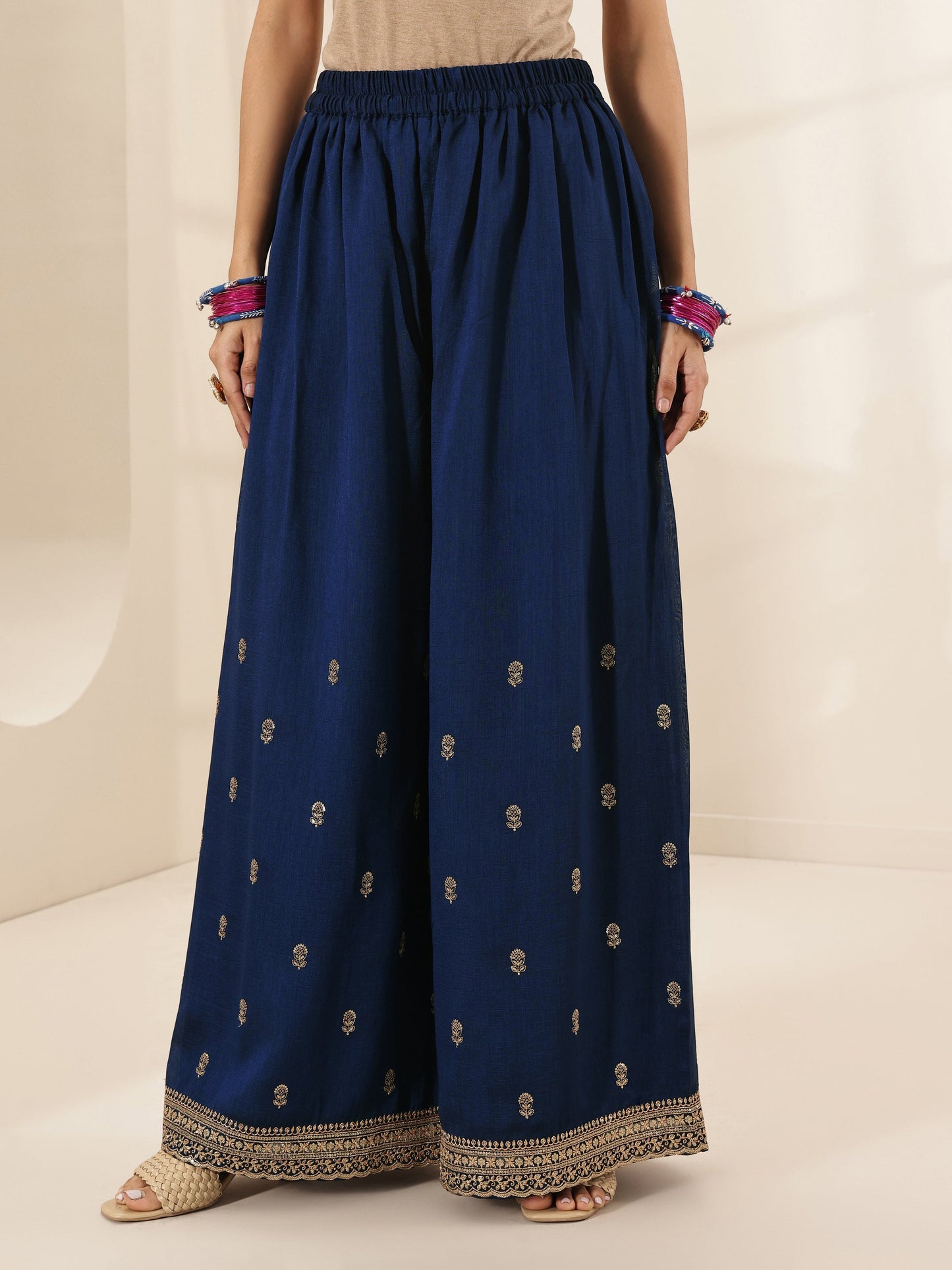 Libas Art Navy Embroidered Silk Blend Straight Suit Sets With Dupatta