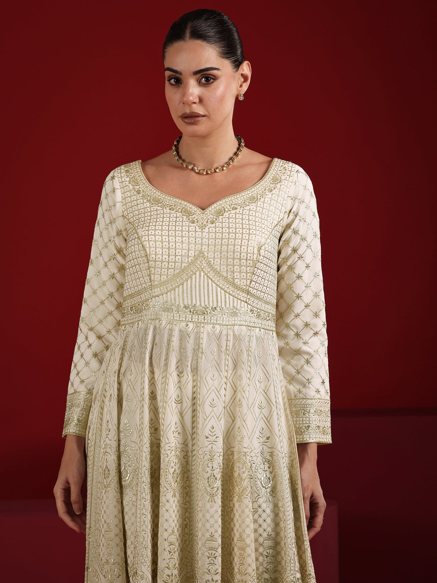 Libas Art Off White Embroidered Silk Blend Anarkali Suit Set With Dupatta