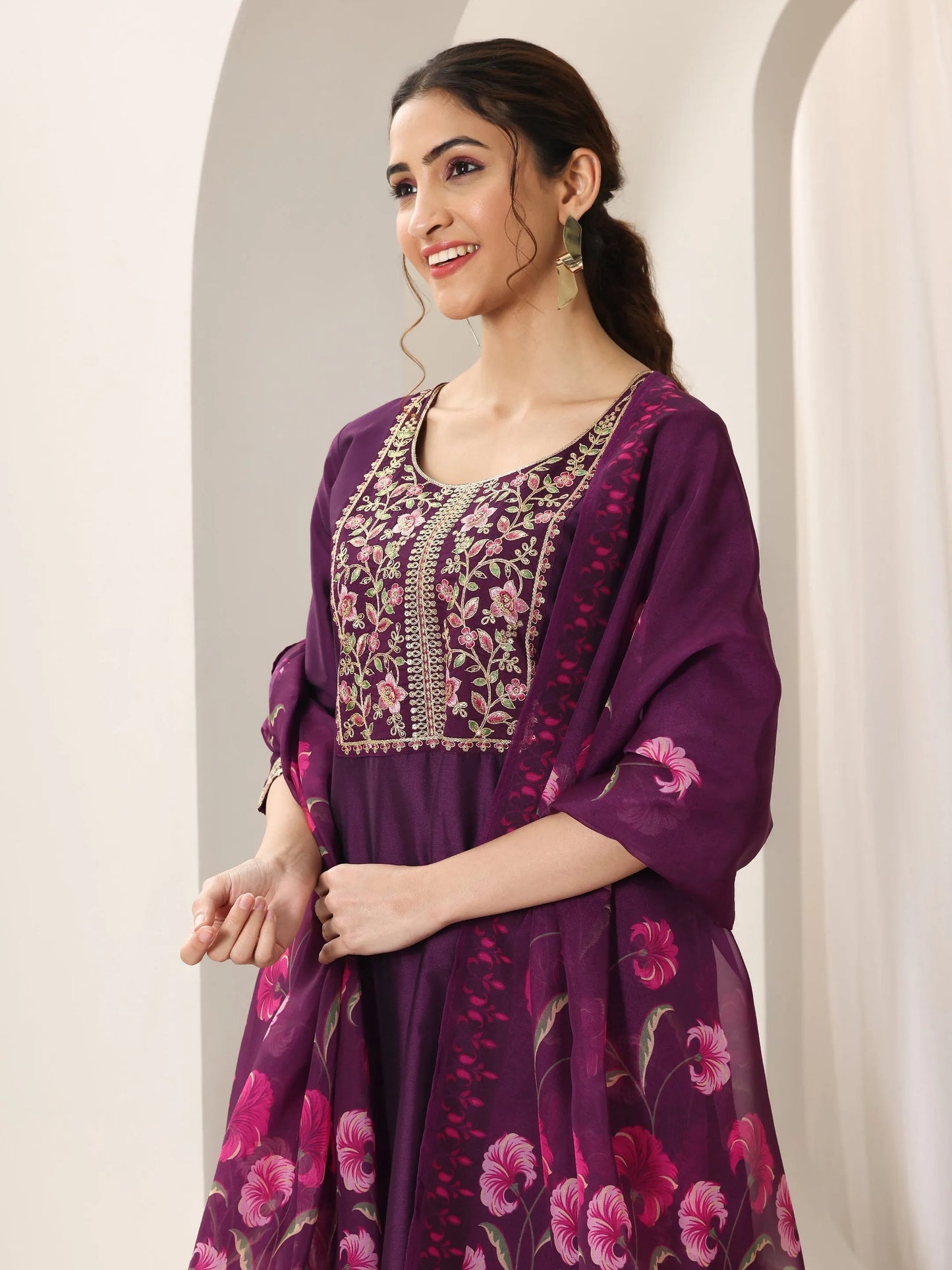 Burgundy Yoke Design Silk Blend Straight Suit Set With Dupatta