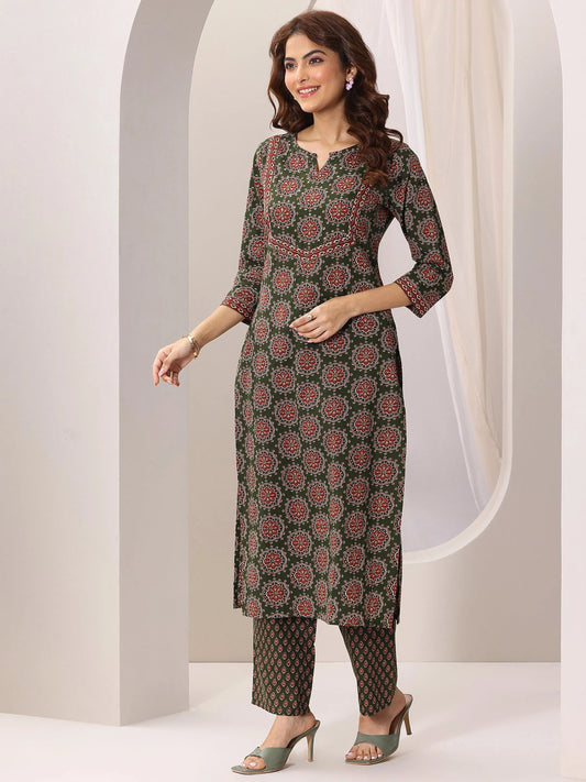 Green Printed Cotton Straight Suit Set With Dupatta