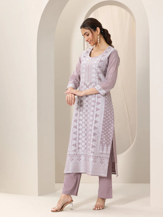 Mauve Woven Design Chanderi Silk Straight Suit Set With Dupatta