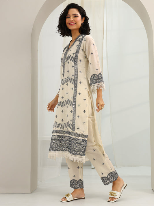 Off White Embroidered Cotton Straight Suit Set With Dupatta