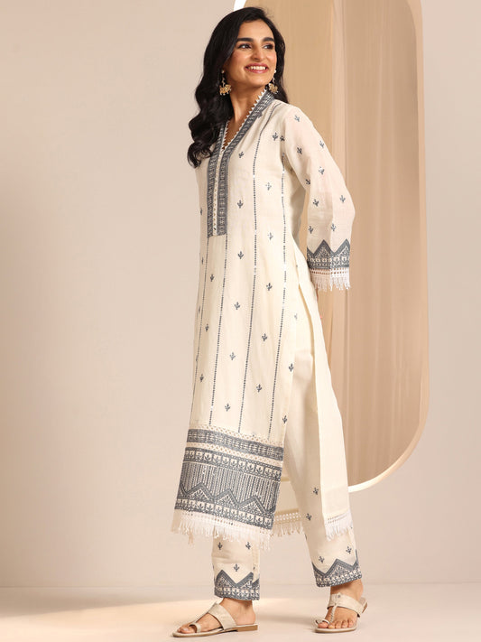 Off White Embroidered Straight Suit Set With Dupatta