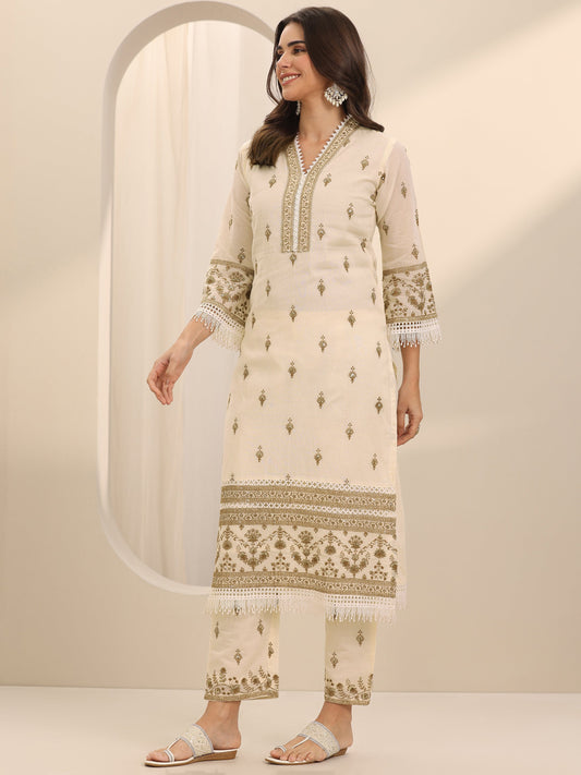 Off White Embroidered Cotton Straight Suit Set With Dupatta