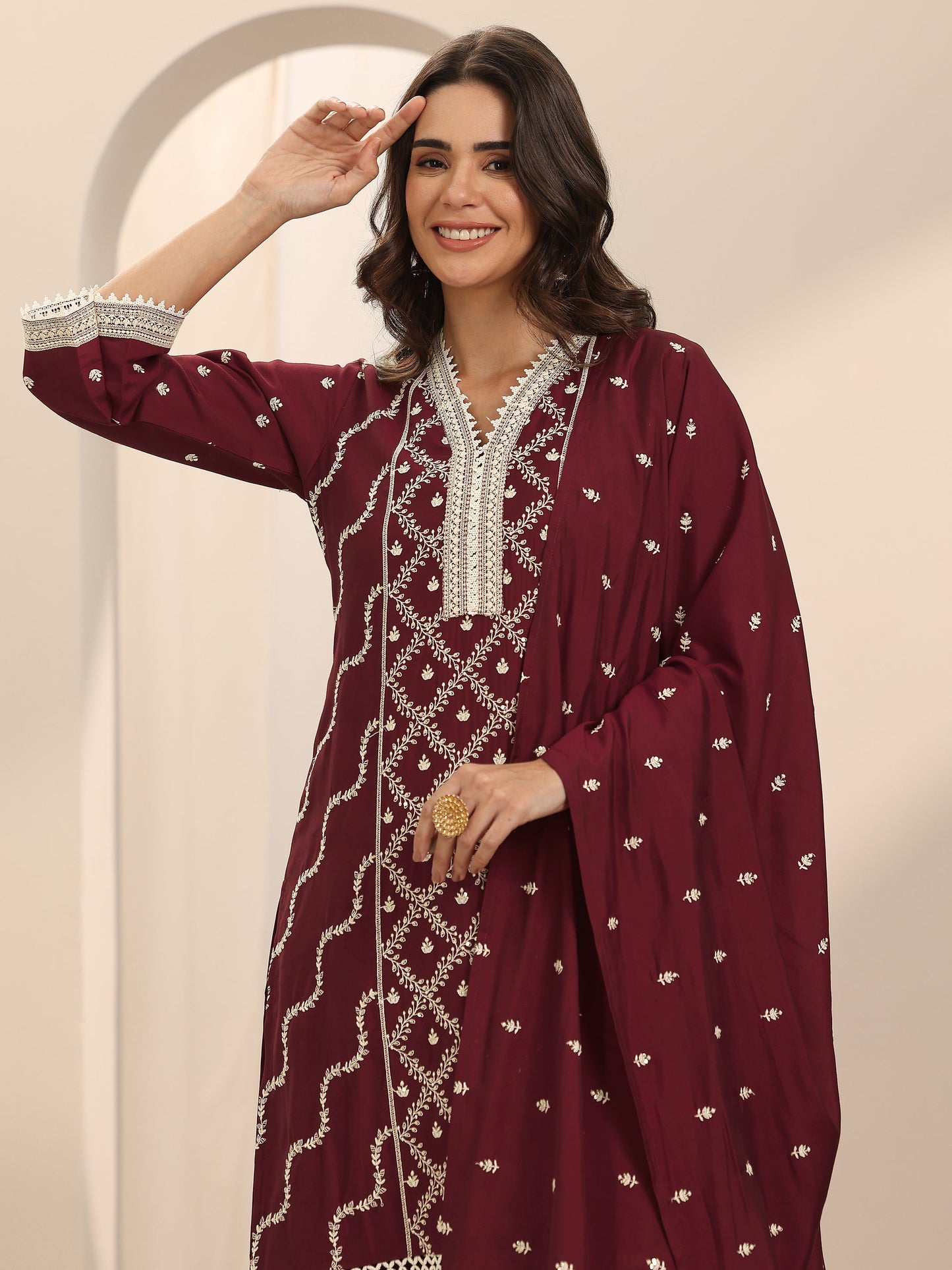 Maroon Embroidered Silk Blend Straight Suit Set With Dupatta