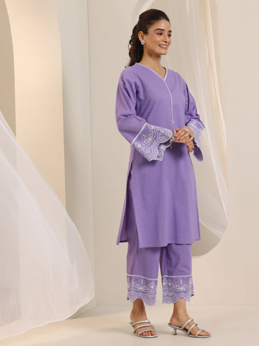 Purple Solid Cotton Straight Suit Set With Dupatta