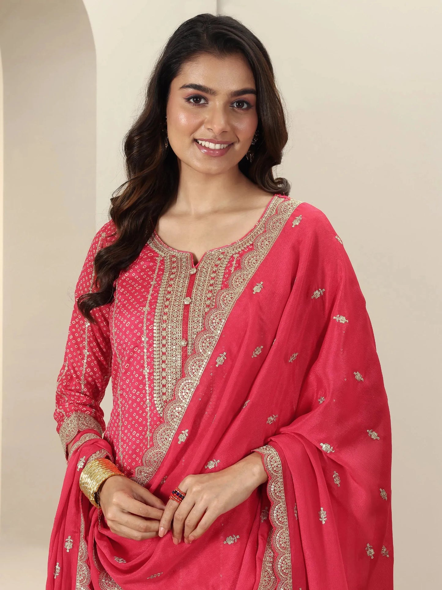 Red Printed Silk Blend Straight Suit Sets With Dupatta