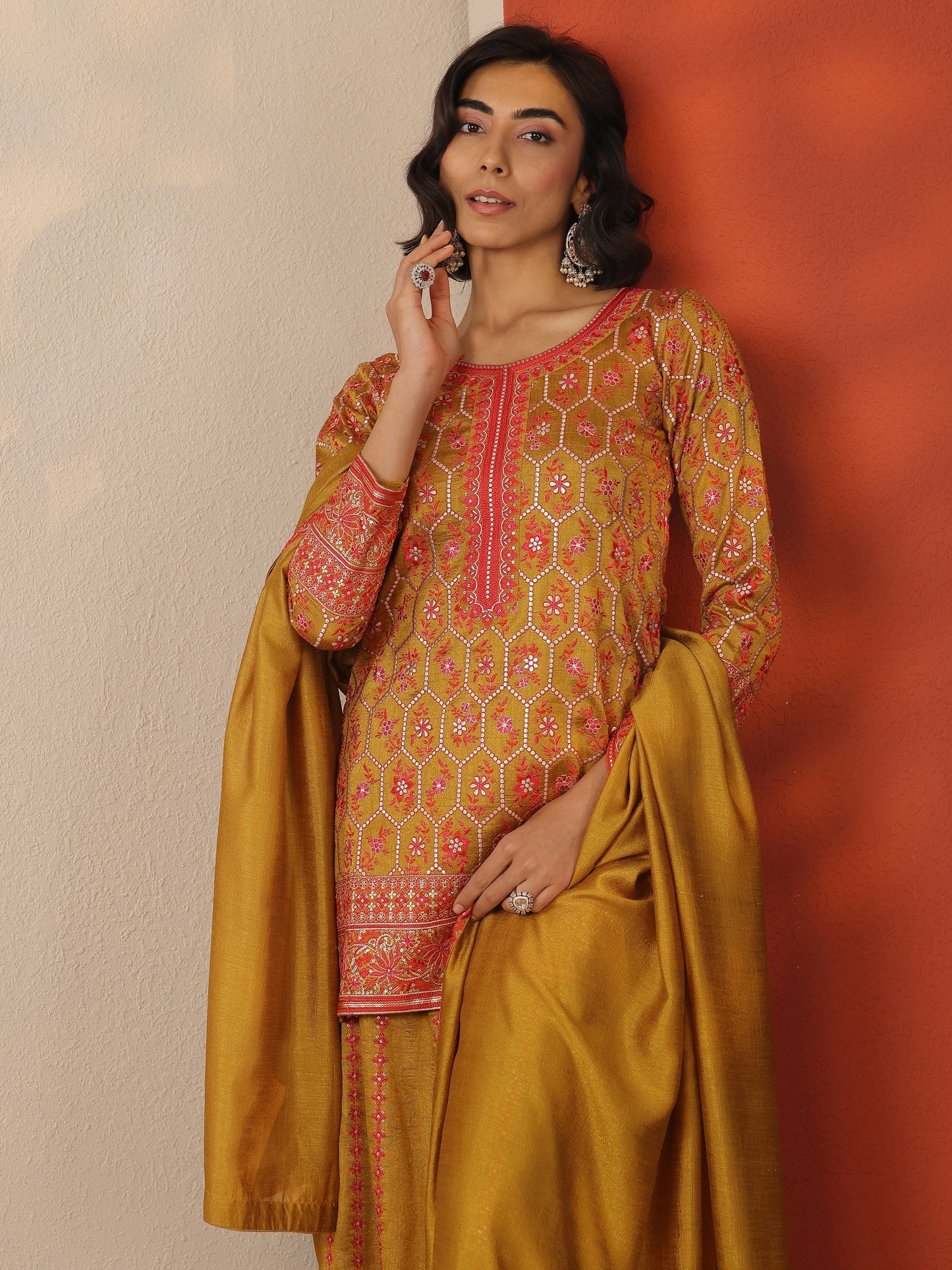 Libas Art Mustard Embroidered Silk Blend Straight Suit Set With Dupatta