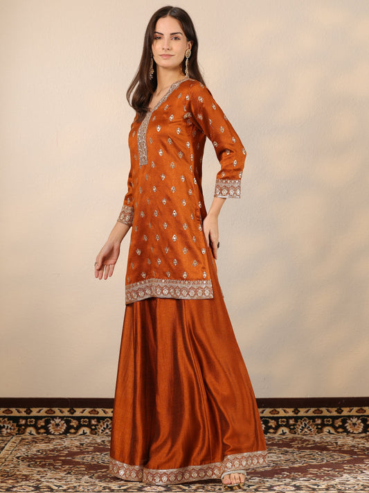 Libas Art Brown Embroidered Silk Blend Straight Suit Set With Dupatta