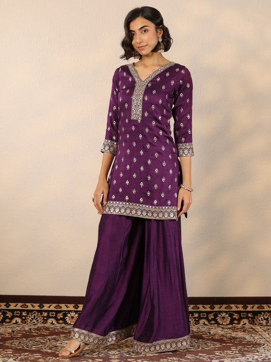 Libas Art Purple Embroidered Silk Blend Straight Suit Set With Dupatta