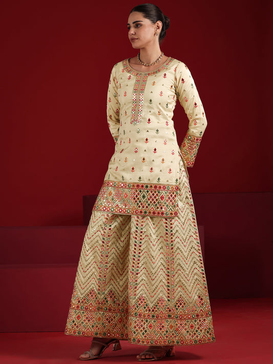 Libas Art Cream Embroidered Silk Blend Straight Suit Set With Dupatta