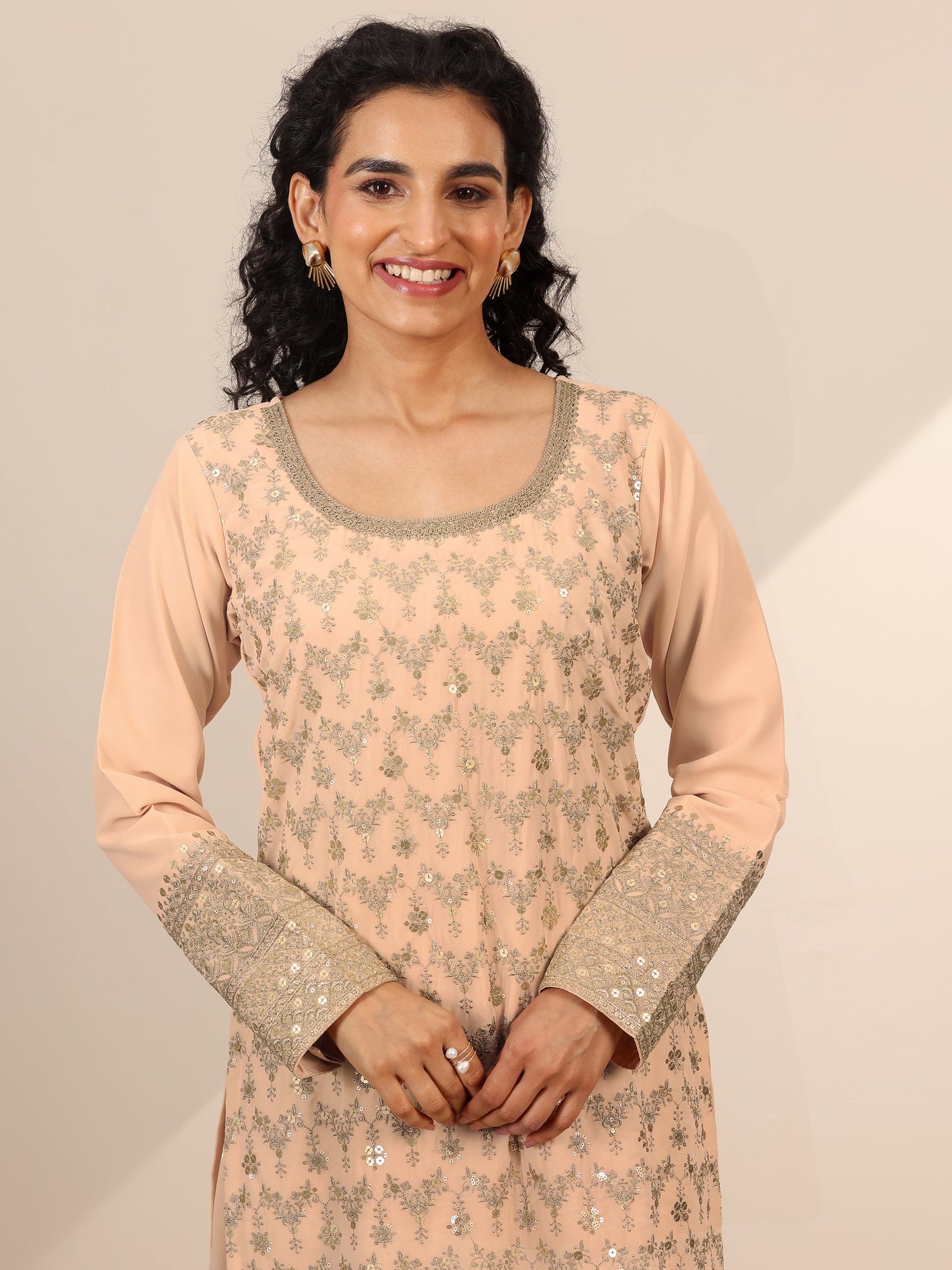 Libas Art Beige Embroidered Georgette Straight Sharara Suit Set With Dupatta