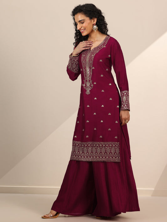 Libas Art Pink Embroidered Silk Blend Straight Suit Set With Dupatta