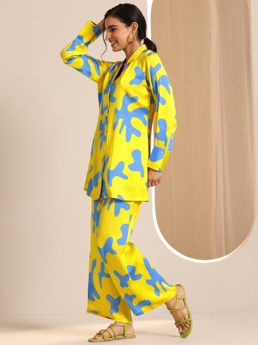 Yellow Printed Silk Blend Co-Ord Sets