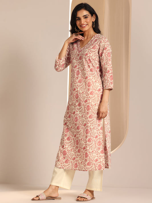 Off White Printed Cotton Straight Suit Set With Dupatta