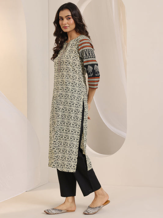 Beige Printed Cotton Straight Suit Set With Dupatta