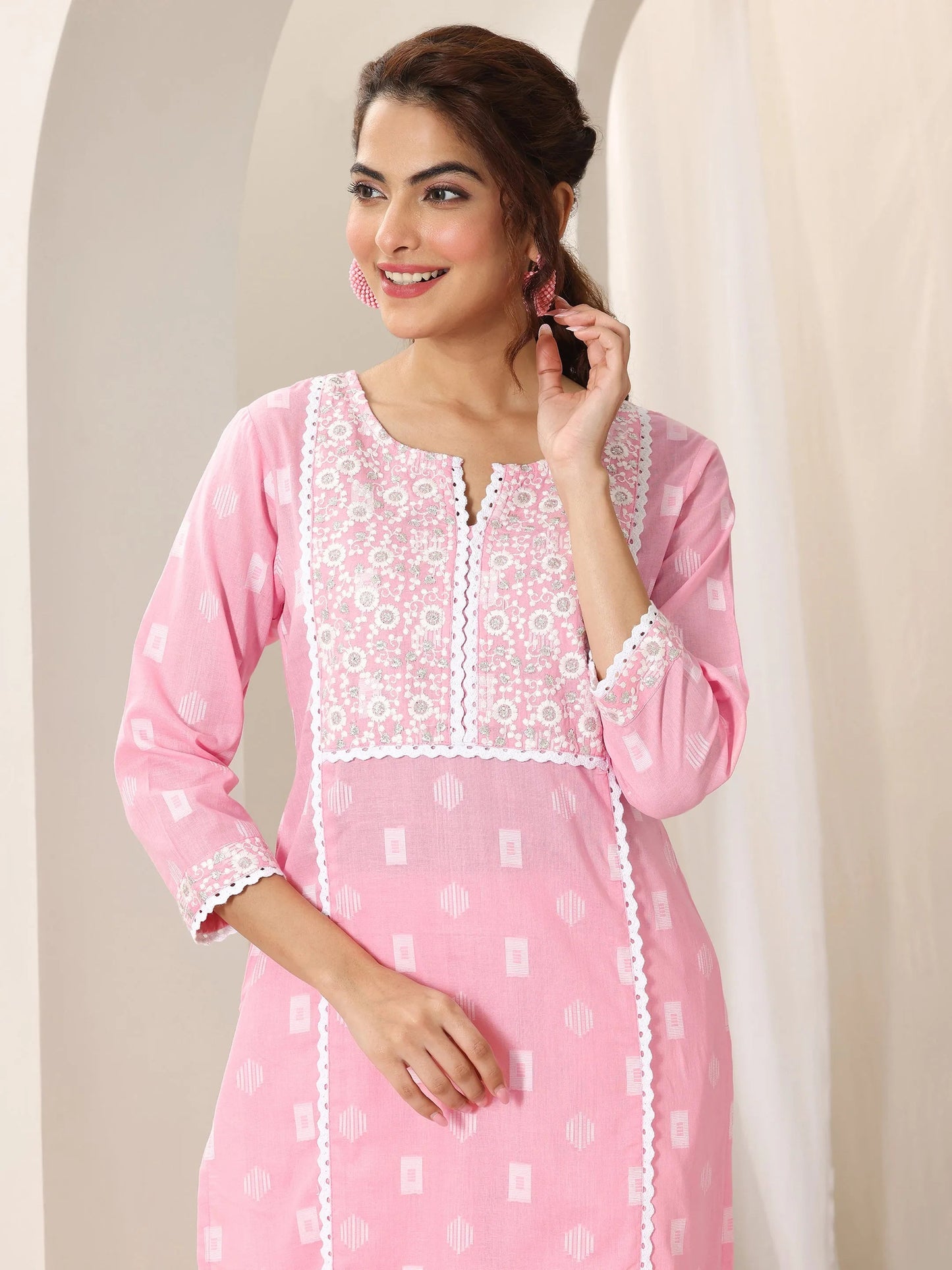 Pink Embroidered Cotton Straight Suit Set With Dupatta