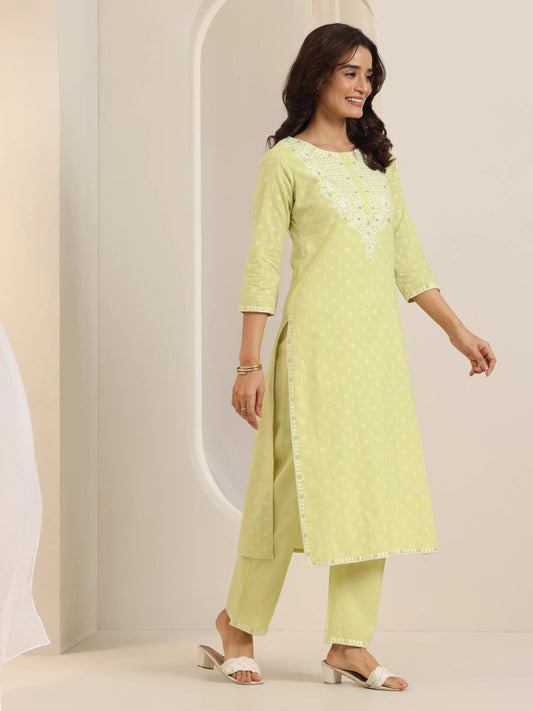 Lime Green Embroidered Cotton Straight Suit Set With Dupatta
