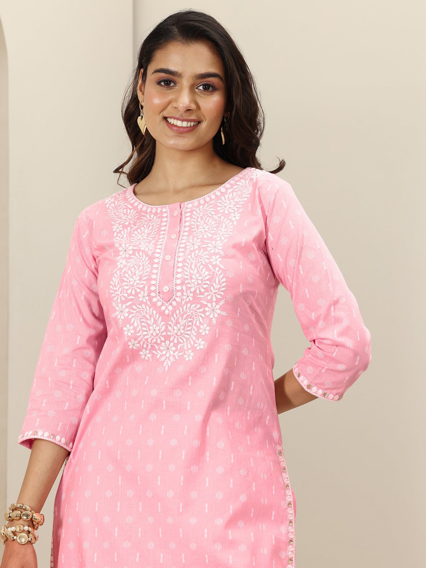 Pink Embroidered Cotton Straight Suit Sets With Dupatta