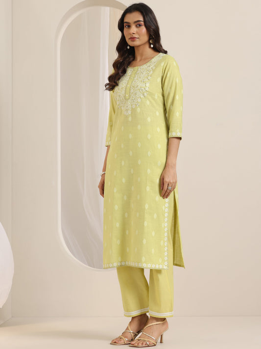Lime Green Embroidered Cotton Straight Suit Set With Dupatta