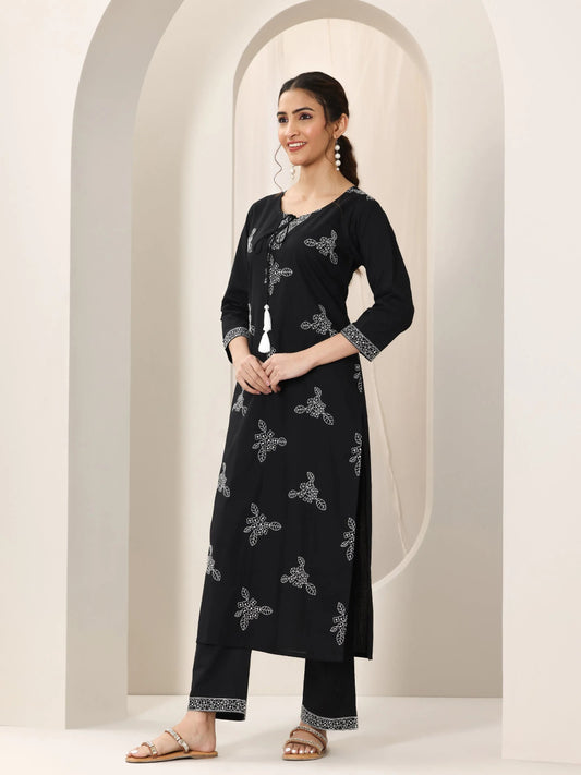 Black Embroidered Cotton Straight Suit Set With Dupatta