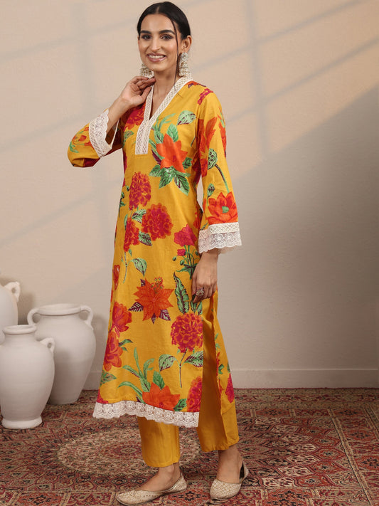 Yellow Printed Cotton Blend Straight Suit Set With Dupatta