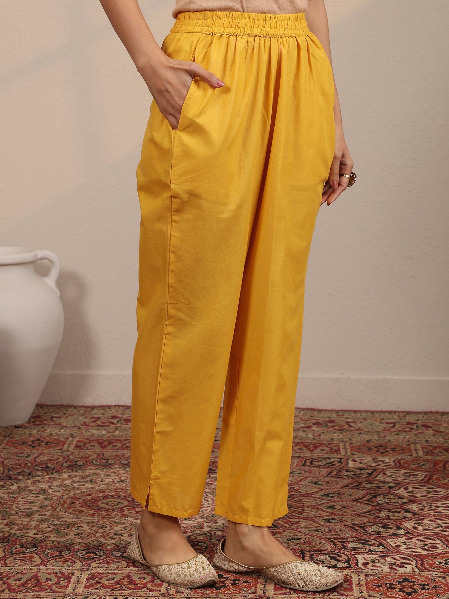 Yellow Printed Cotton Blend Straight Suit Set With Dupatta