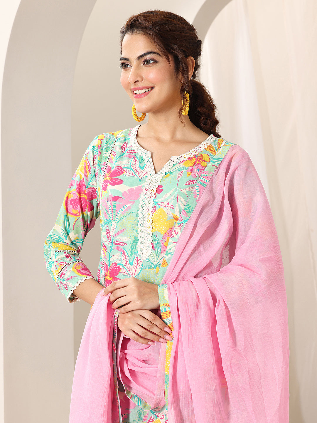 Turquoise Blue Printed Cotton Straight Suit Set With Dupatta