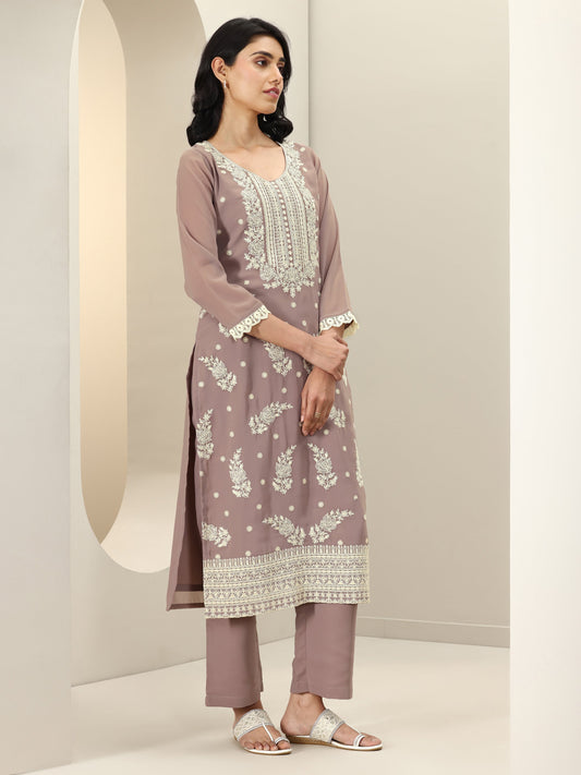 Mauve Embroidered Georgette Straight Suit Sets With Dupatta