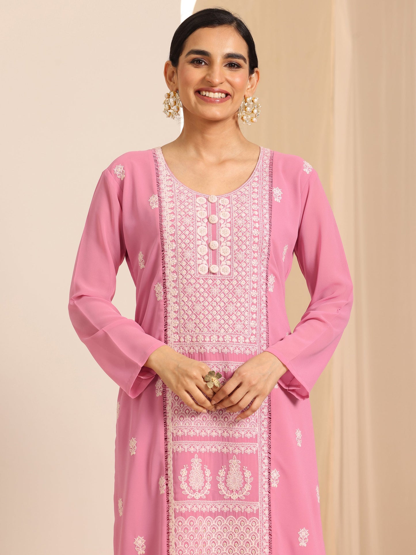 Pink Embroidered Georgette Straight Suit Set With Dupatta