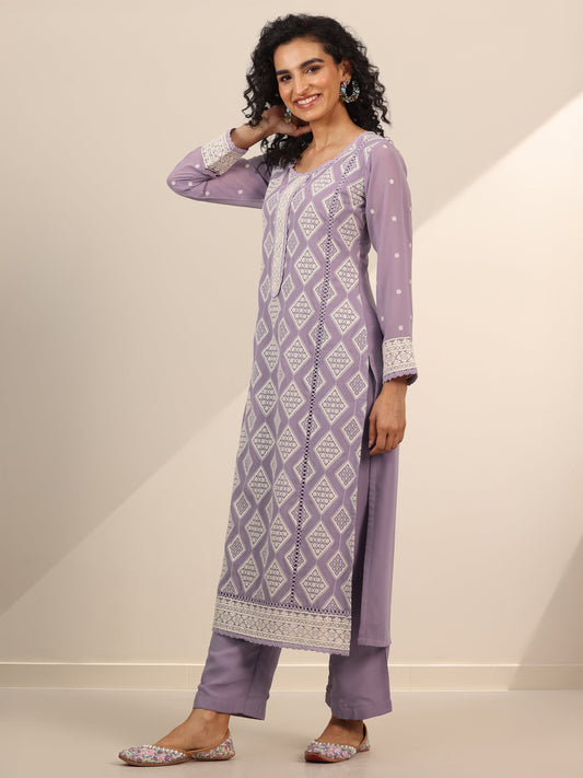 Libas Art Mauve Embroidered Georgette Straight Suit Set With Dupatta
