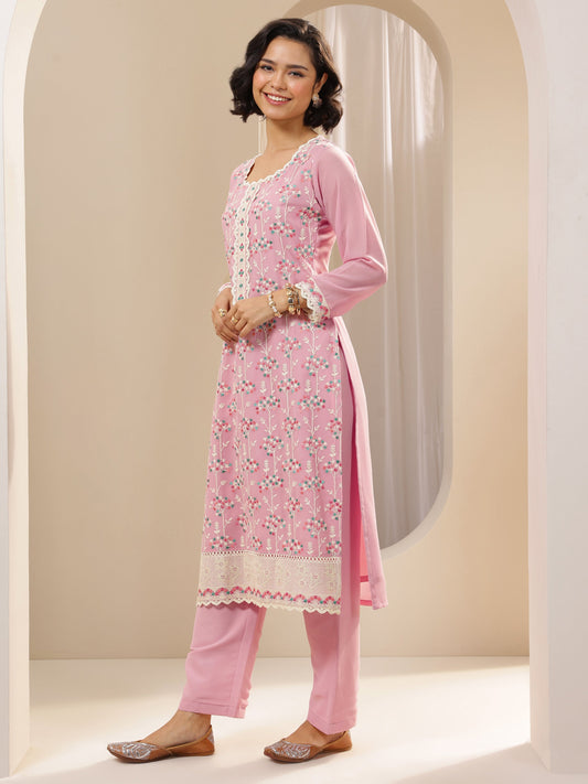 Pink Embroidered Georgette Straight Suit Sets With Dupatta