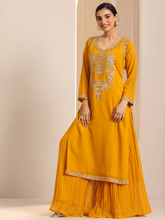Mustard Embroidered Georgette Straight Suit Set With Dupatta