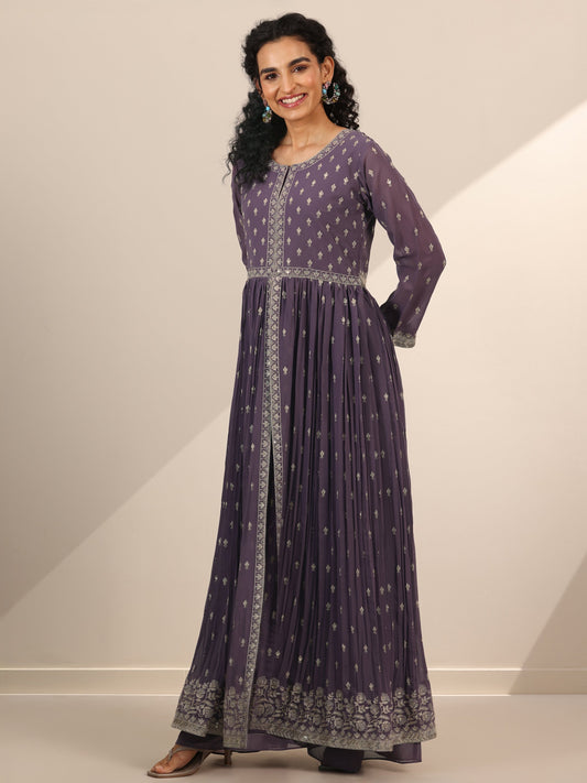 Libas Art Lilac Embroidered Georgette A-Line Suit Set With Dupatta