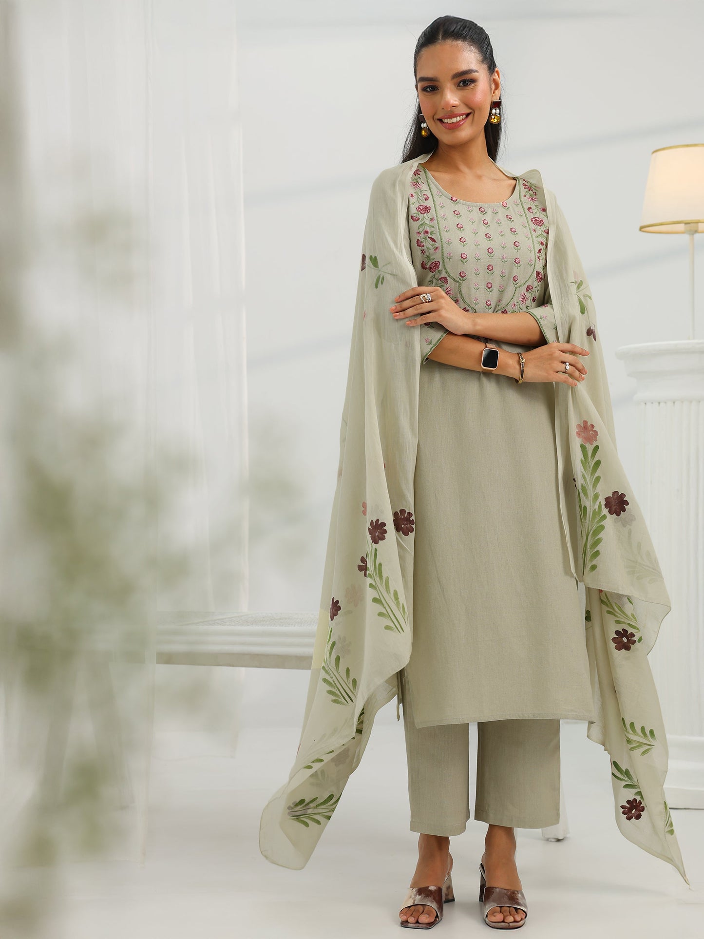 Beige Yoke Design Cotton Straight Suit Set With Dupatta