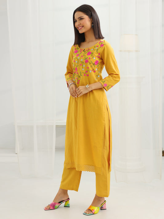 Mustard Yoke Design Cotton Straight Suit Set With Dupatta