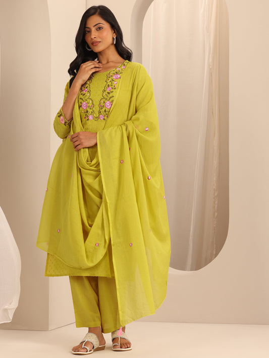 Yellow Yoke Design Cotton Straight Suit Set With Dupatta