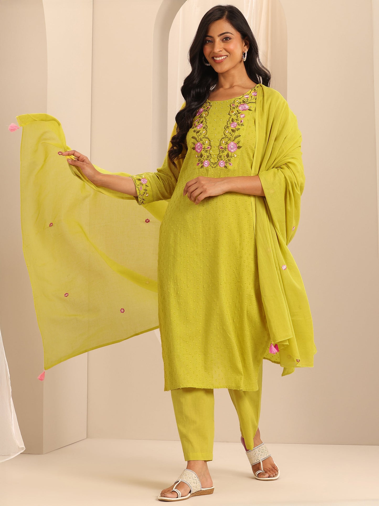 Yellow Yoke Design Cotton Straight Suit Set With Dupatta