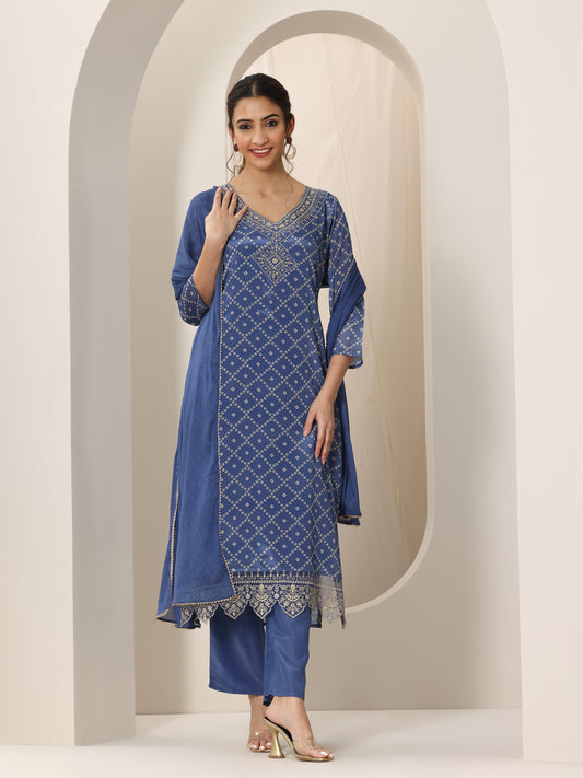 Blue Printed Silk Blend Straight Suit Set With Dupatta